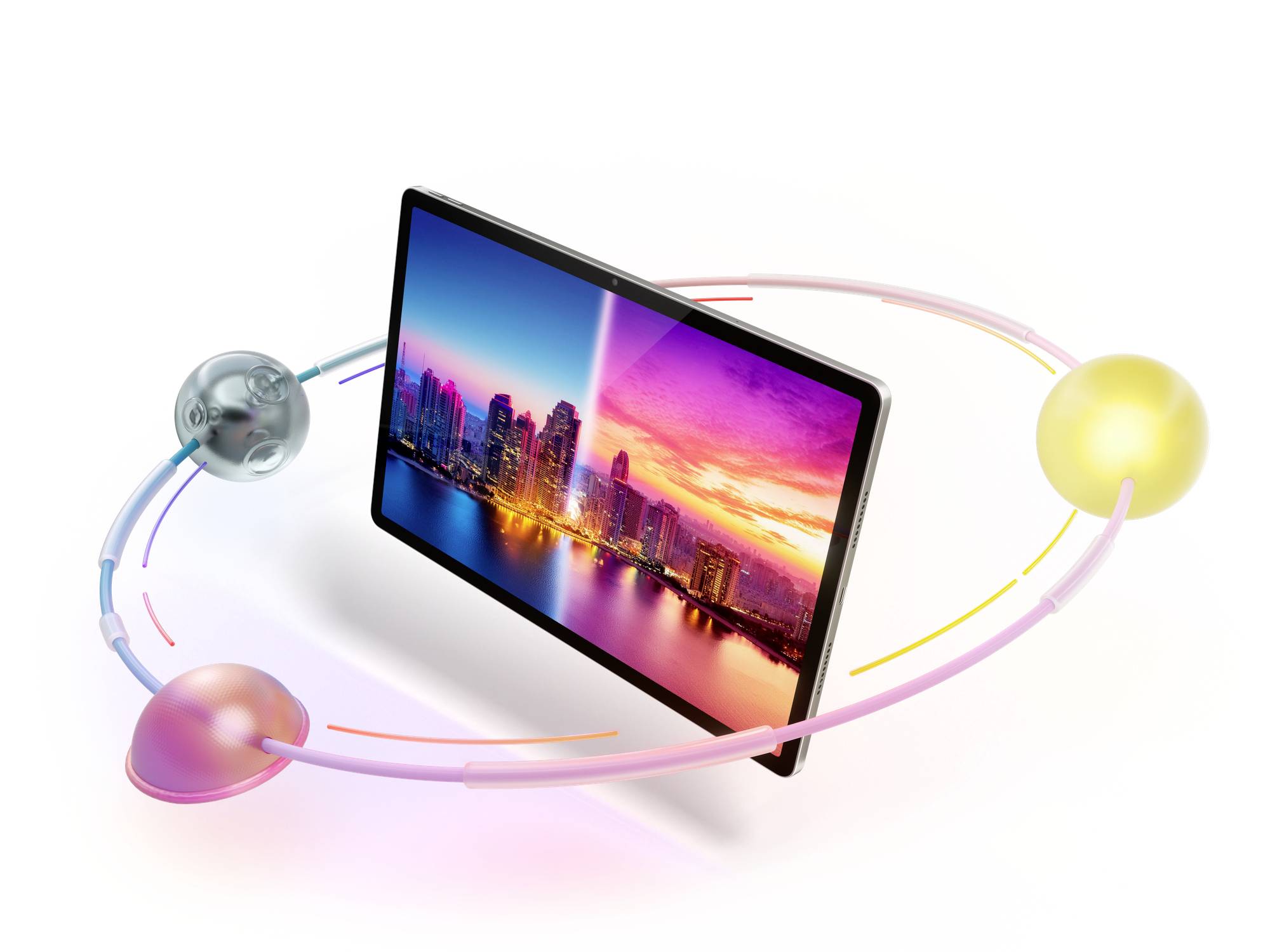 Tablet s městským výhledem na obrazovce. Tři barevné, zářící koule obíhají tablet a symbolizují propojenost.