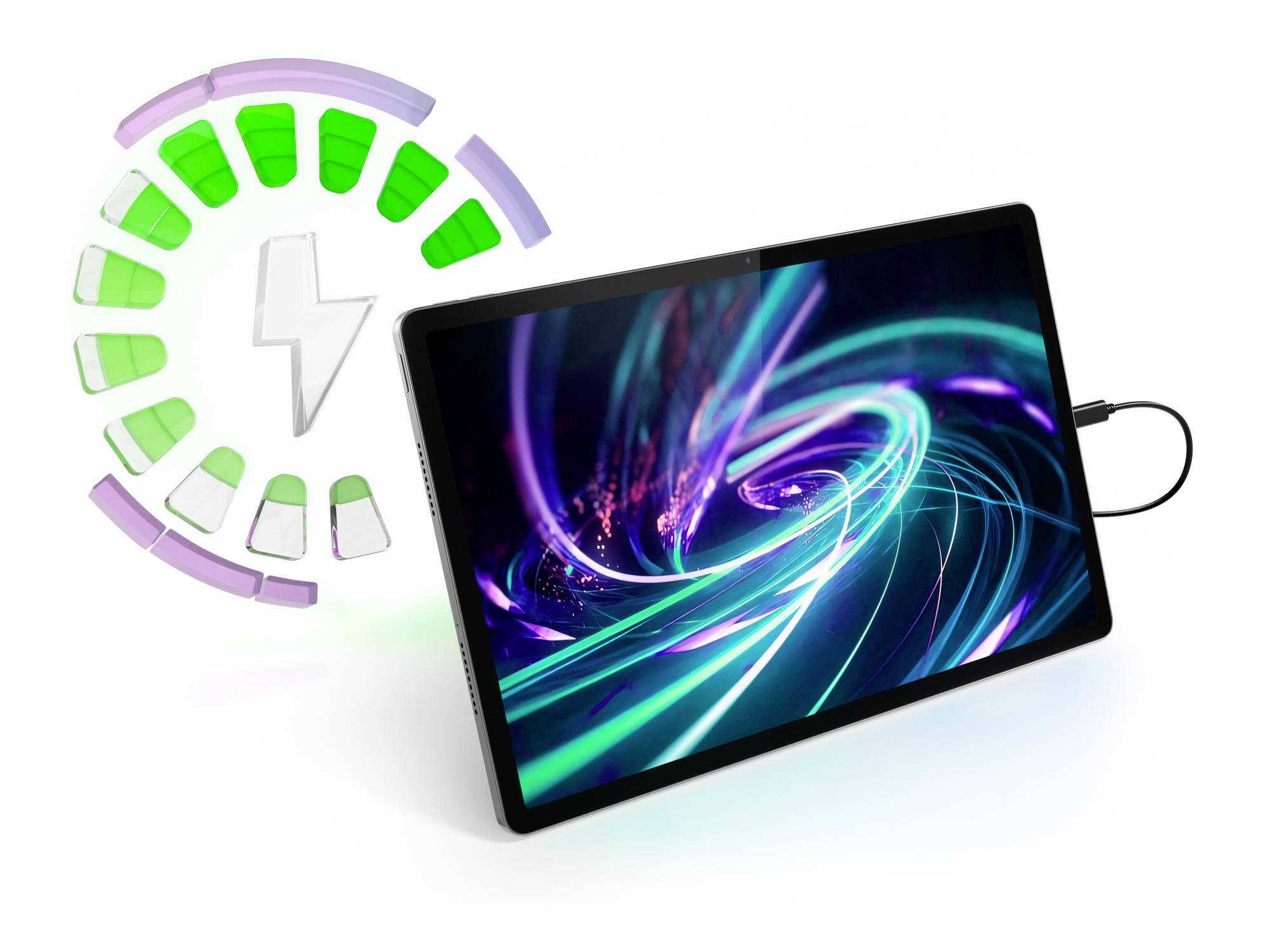 Tablet se nabíjí, což je symbolizováno nabíjecím kabelem a zeleným indikátorem energie. V pozadí pestré světelné víry.