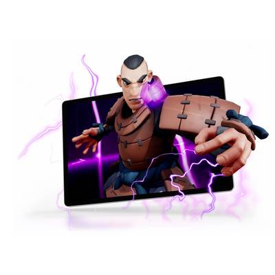 Animovaná postava vyčnívá z tabletu, obklopená růžovými energetickými blesky, jako by se chystala do akce.