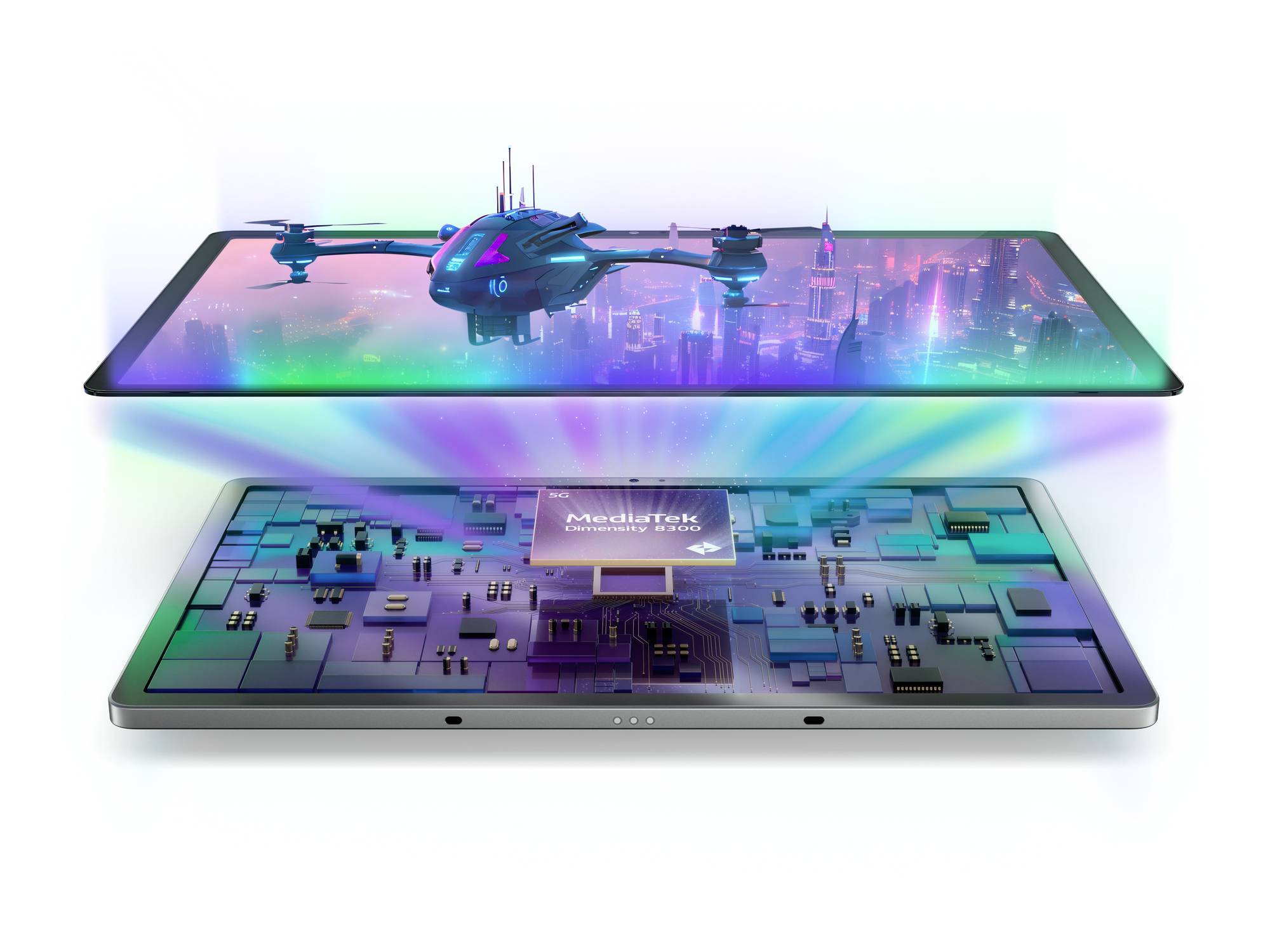 Dva tablety, horní zobrazuje futuristické město s dronem, spodní ukazuje čip MediaTek s digitálním obvodem.