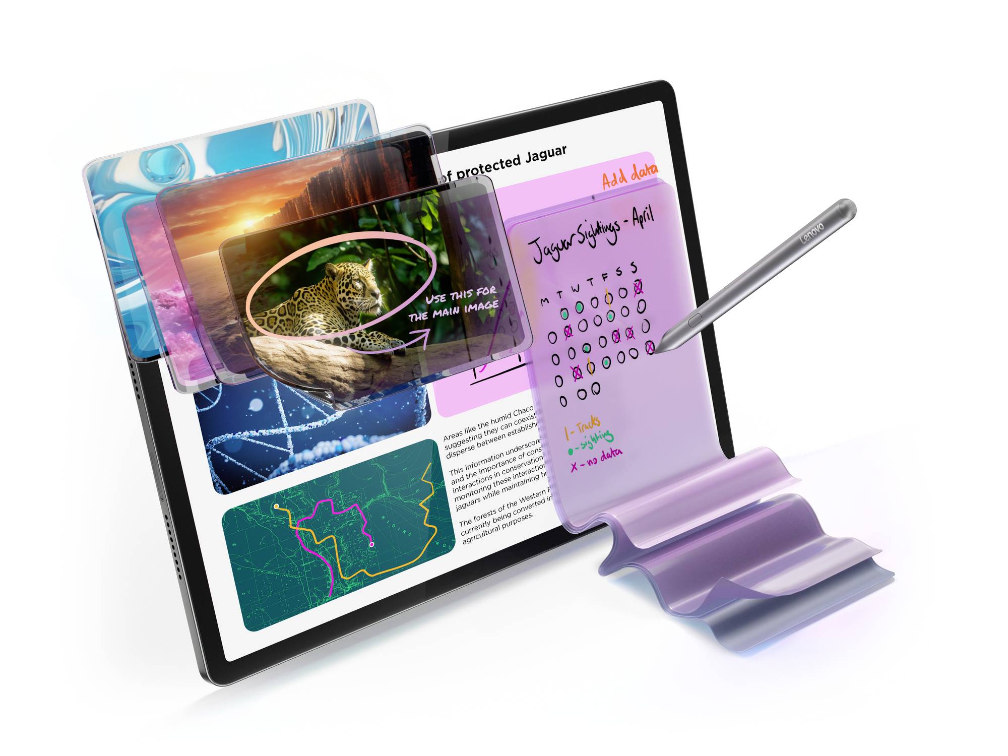 Tablet zobrazuje interaktivní prezentaci o ochraně jaguárů. Jsou zde viditelné různobarevné diagramy a mapy.