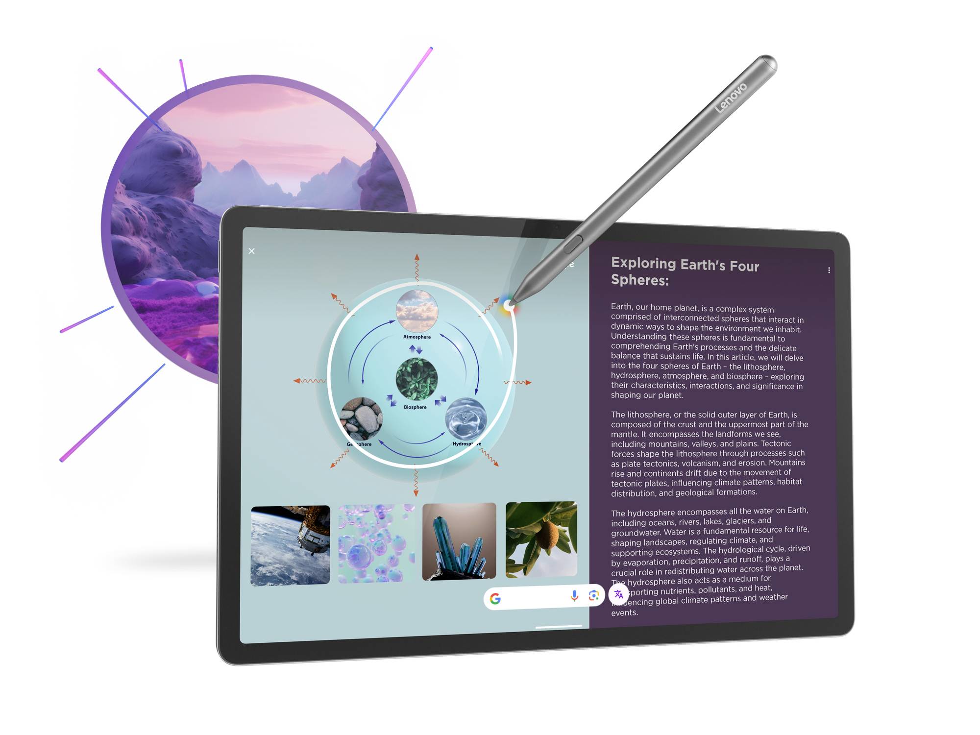 E-learningový tablet zobrazuje interaktivní modul o čtyřech sférách Země: litosféře, hydrosféře, atmosféře a biosféře.