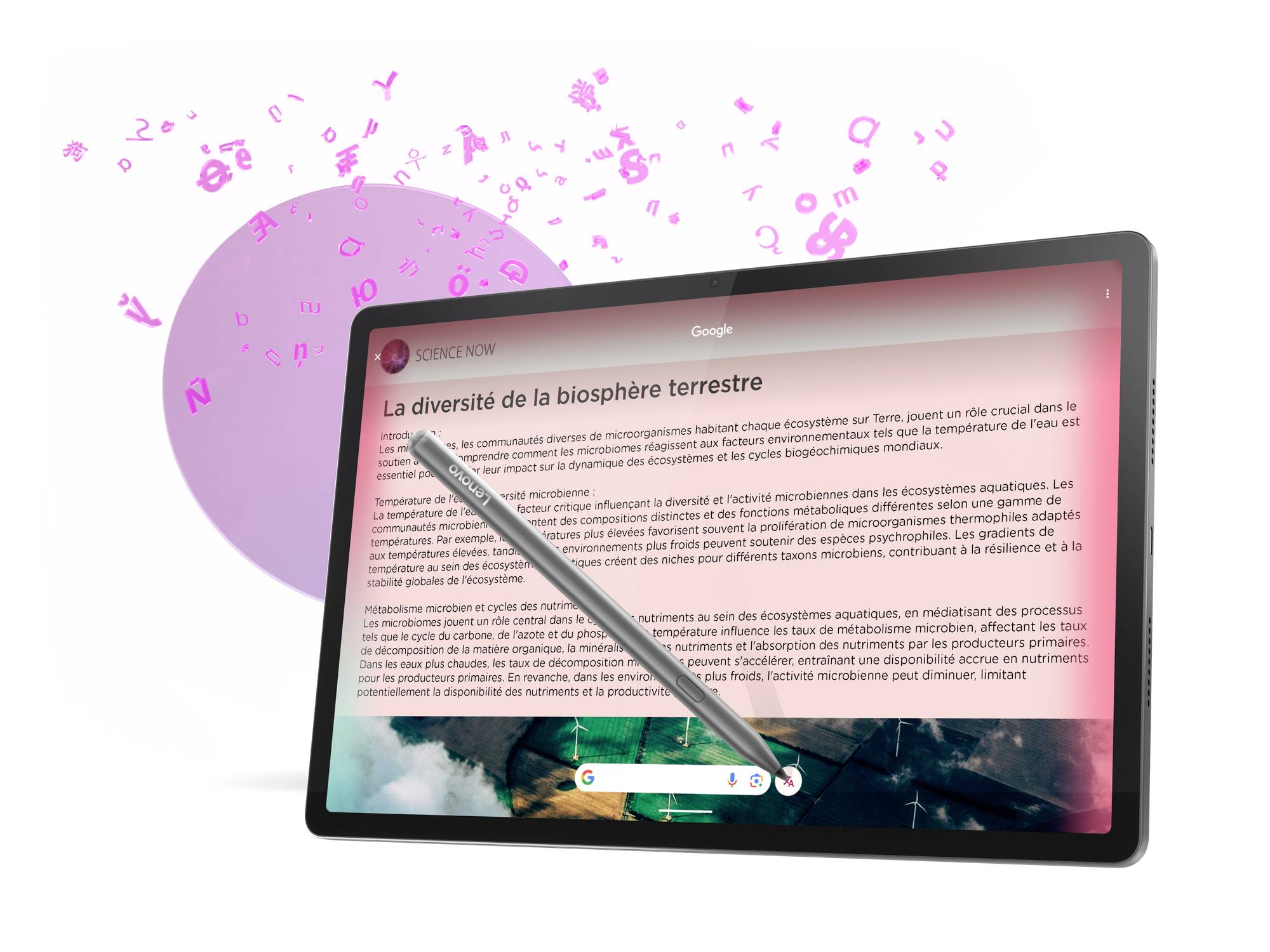 Tablet s perem zobrazuje článek s názvem 'Rozmanitost zemské biosféry'. V pozadí poletují písmena a čísla.