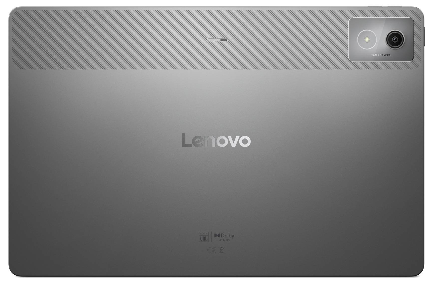 Tablet Lenovo s šedým zadním krytem a integrovanou kamerou v pravém horním rohu.