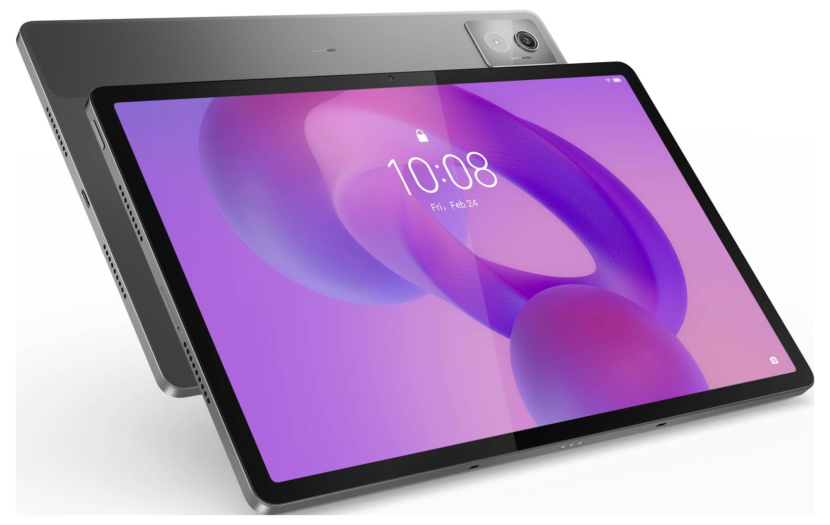 Moderní tablet s velkým displejem zobrazujícím čas '10:08'. Na obrazovce je fialovo-růžové abstraktní pozadí.