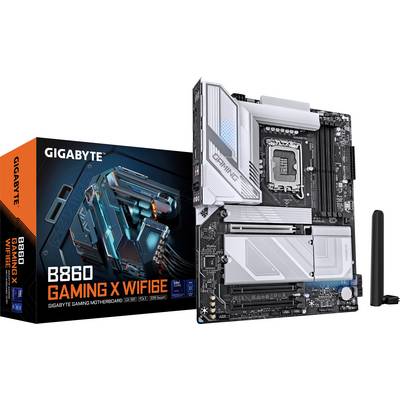 Základní deska Gigabyte B860 Gaming X WiFi 6E zobrazená vedle své maloobchodní krabice, zvýrazňující její vlastnosti a design určený pro herní účely.