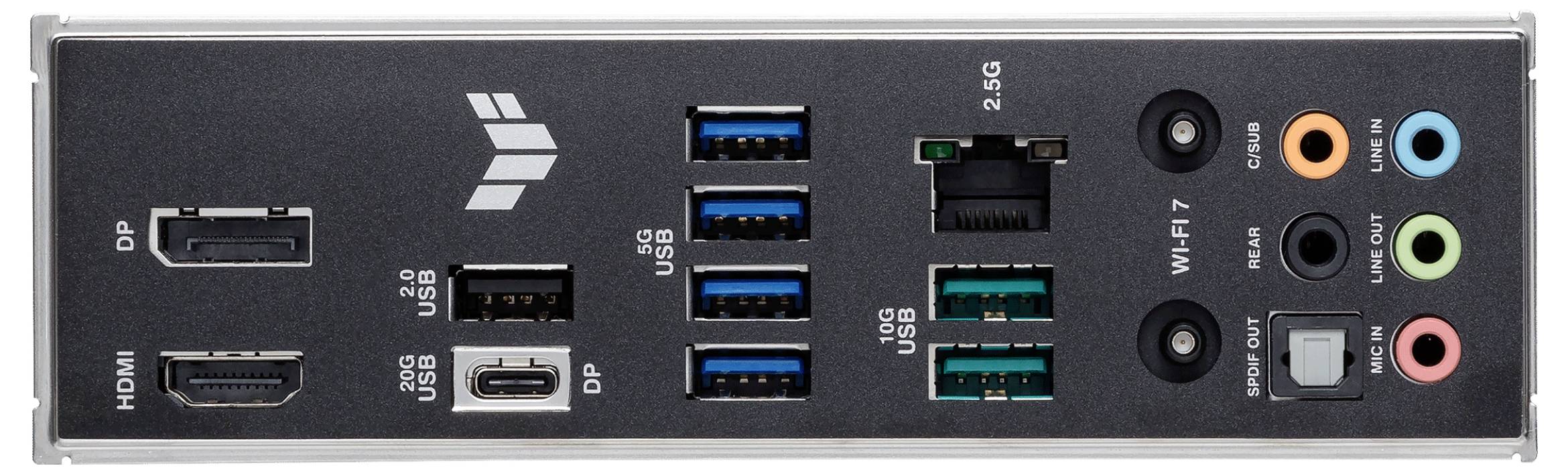 Zadní panel základní desky počítače s rozhraním HDMI, několika USB porty, ethernetovým konektorem, audio zdířkami, vypínačem a tlačítkem resetu BIOSu.