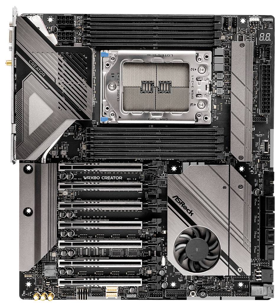 Základní deska 'ASRock WRX80 Creator' s několika PCIe sloты, sloты pro paměť RAM a výrazným socketem procesoru. Navržena pro výkonnostní výpočetní systémy.