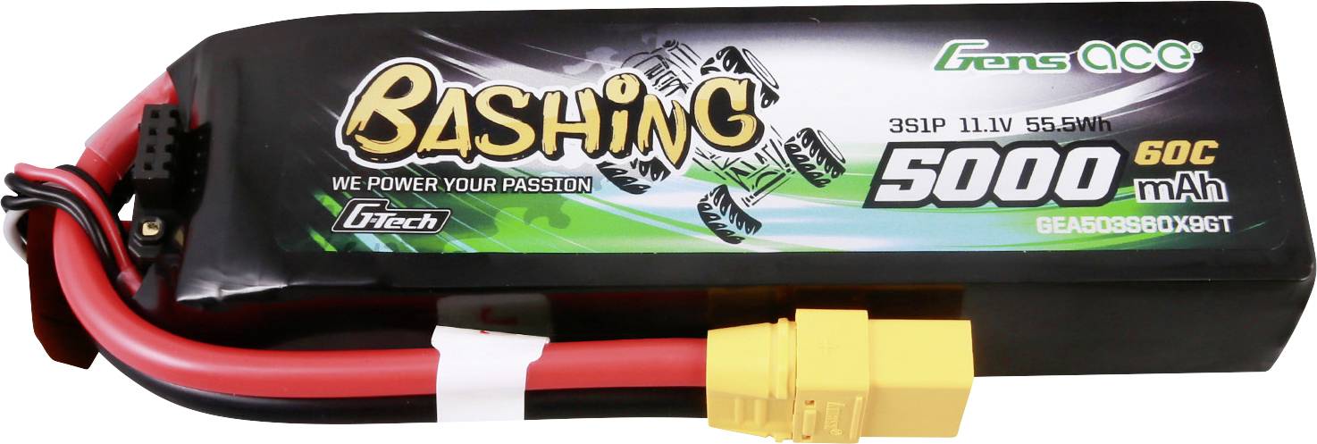 Lithium-polymerový akumulátor Bashing 5000 mAh 11,1V 60C s žlutým konektorem XT60 a červenými vodiči; vhodný pro RC vozidla.