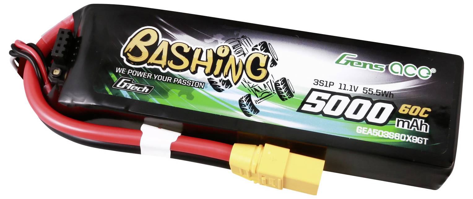 LiPo akumulátor 'Gens Ace Bashing', 11,1V, 5000 mAh, 60C. Pravoúhlý akumulátor s kabely a žlutým konektorem.