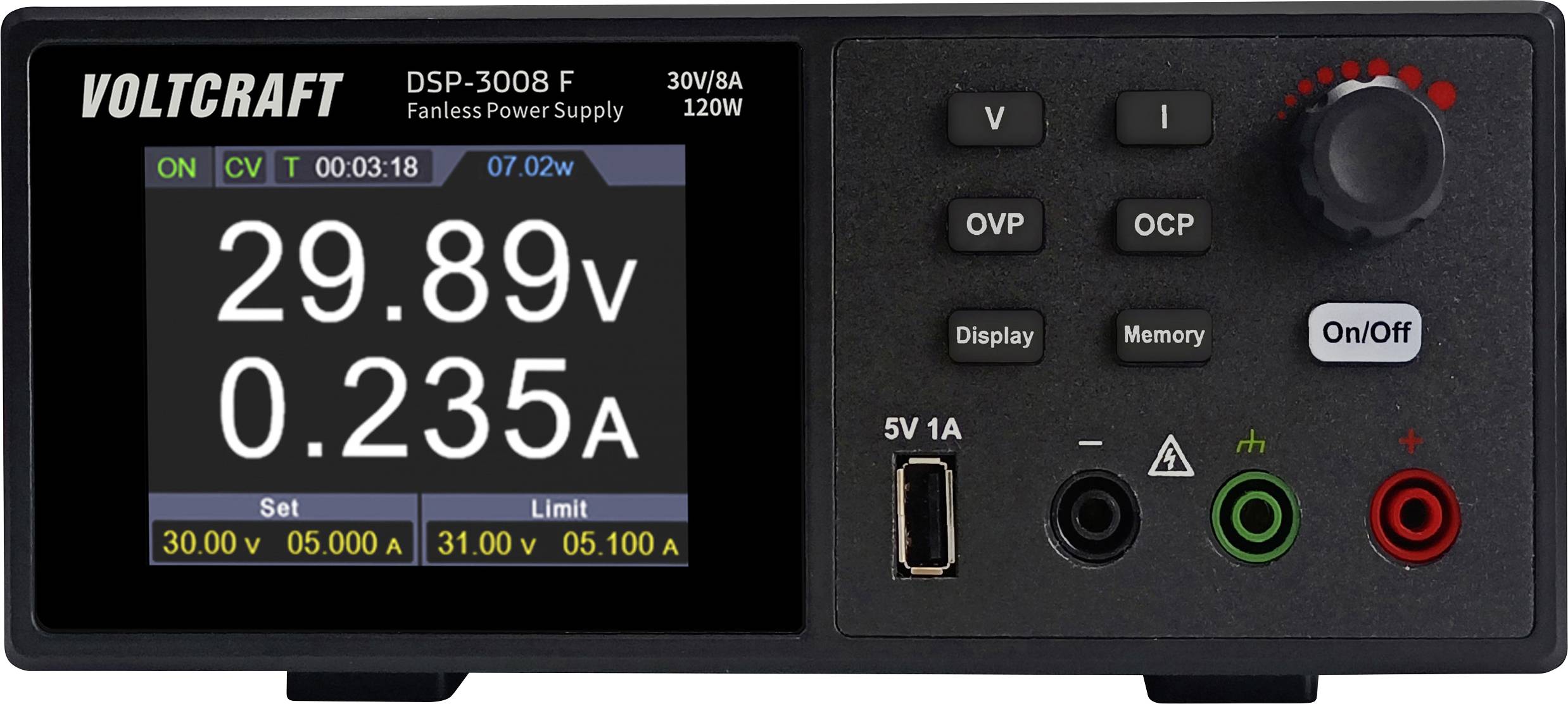 VOLTCRAFT DSP-3008 F laboratorní zdroj s nastavitelným napětím, 0 - 30 V, 0 - 8 A, 120 W, USB, Bez ventilátoru, výstup 1-0