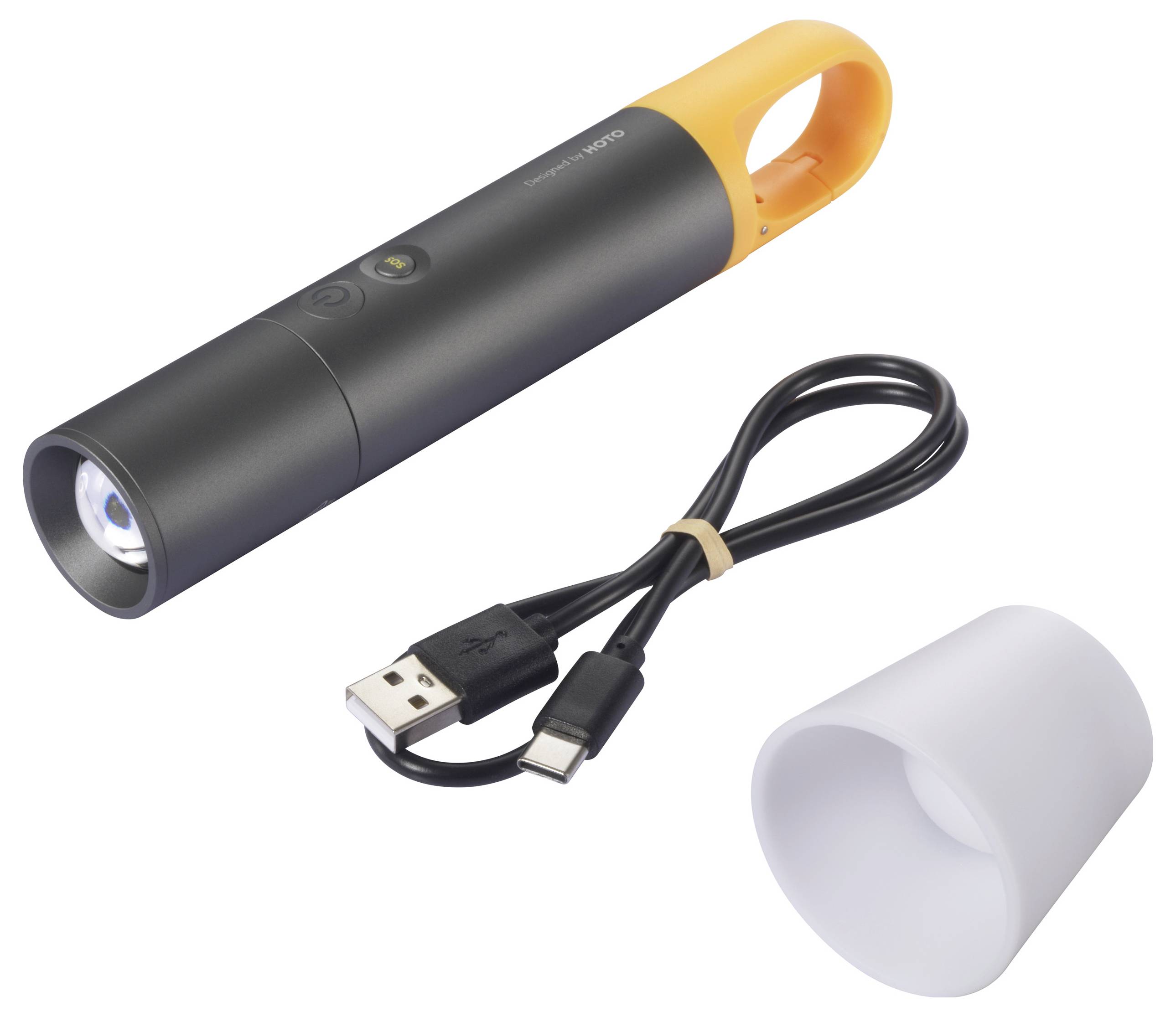 Přenosná LED svítilna s nabíjecím kabelem USB-C a bílým difuzérem světla. Černé tělo se oranžovou rukojetí.