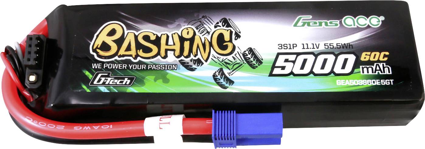 Lithium-polymerový akumulátor s nápisem 'Bashing 5000 mAh 60C 11.1V', vhodný pro modelářská auta, zobrazuje logo výrobce a údaje o kapacitě.