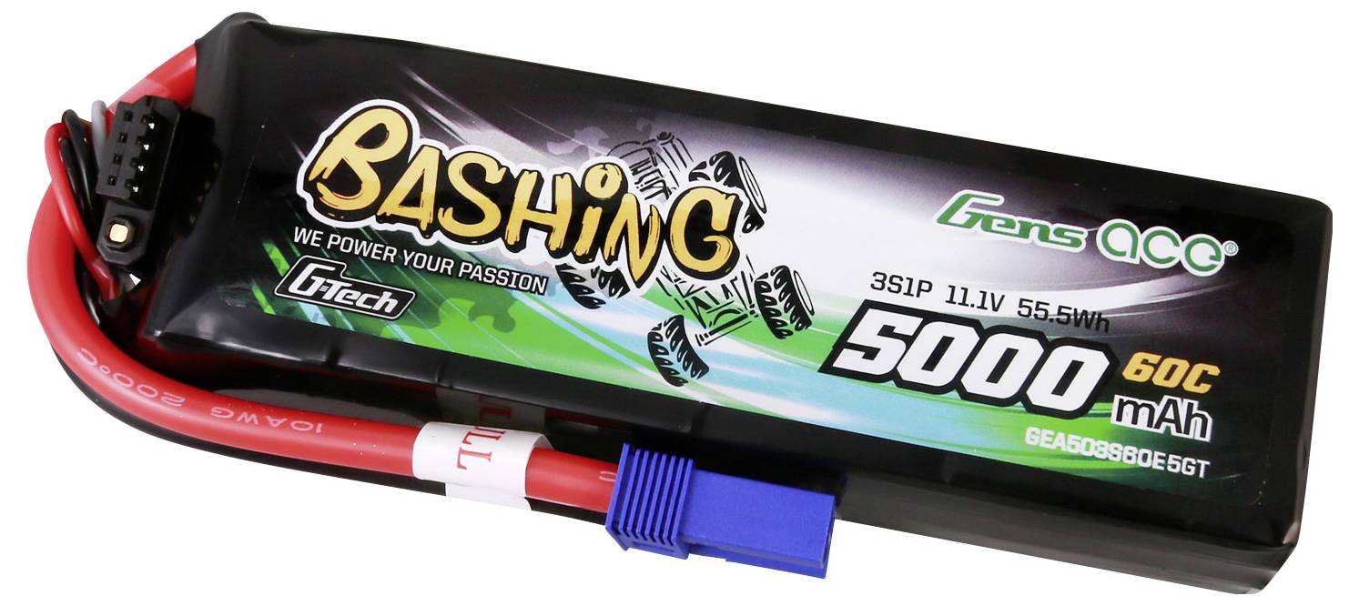 Akumulátor s nápisem 'Bashing Gens Ace 5000mAh 60C'. Vhodný pro RC vozidla, dodává 11,1V a 55,5Wh energie.