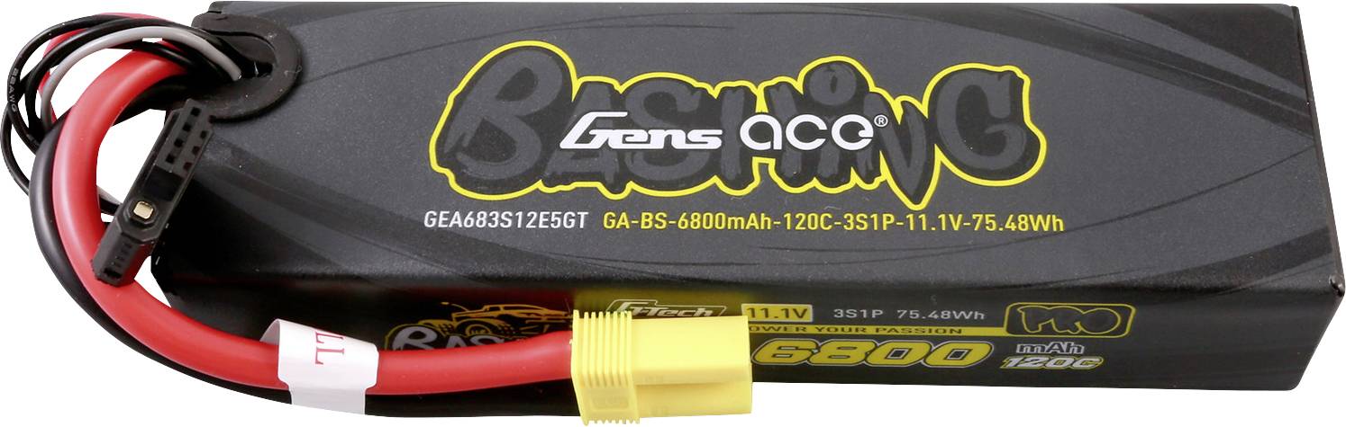 Akumulátor 'Gens Ace' s kapacitou 6800mAh, napětím 11,1V, černý s žlutou a červenou koncovkou, vhodný pro modelářské aplikace.