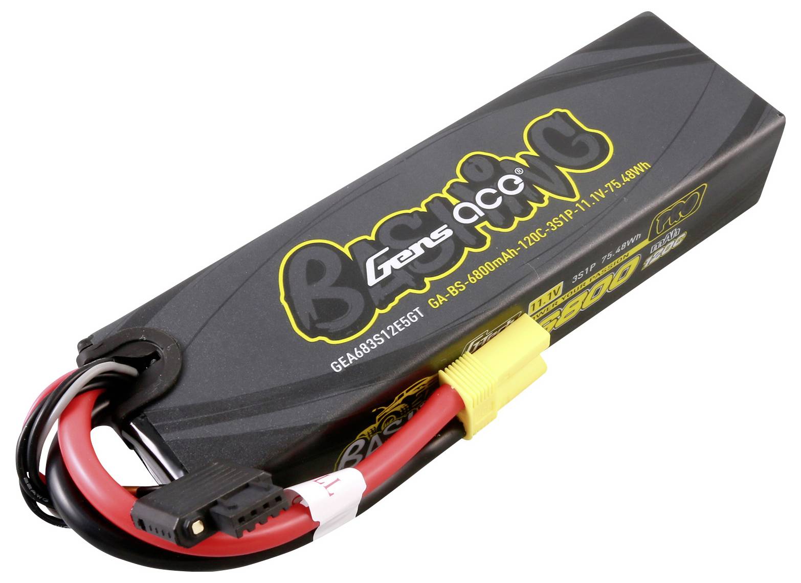 Lithium-polymerový akumulátor od Gens Ace s 6400mAh, 11,1V, vhodný pro RC modely. Černé pouzdro se žlutým připojovacím konektorem.