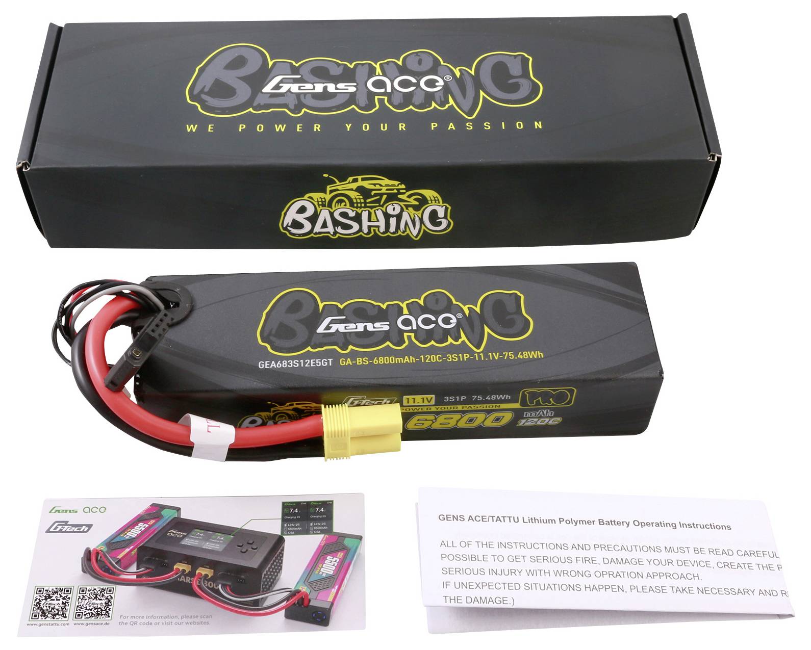 Baterie Gens Ace 6800mAh Lipo s návodem a obalem, vhodná pro RC vozidla.