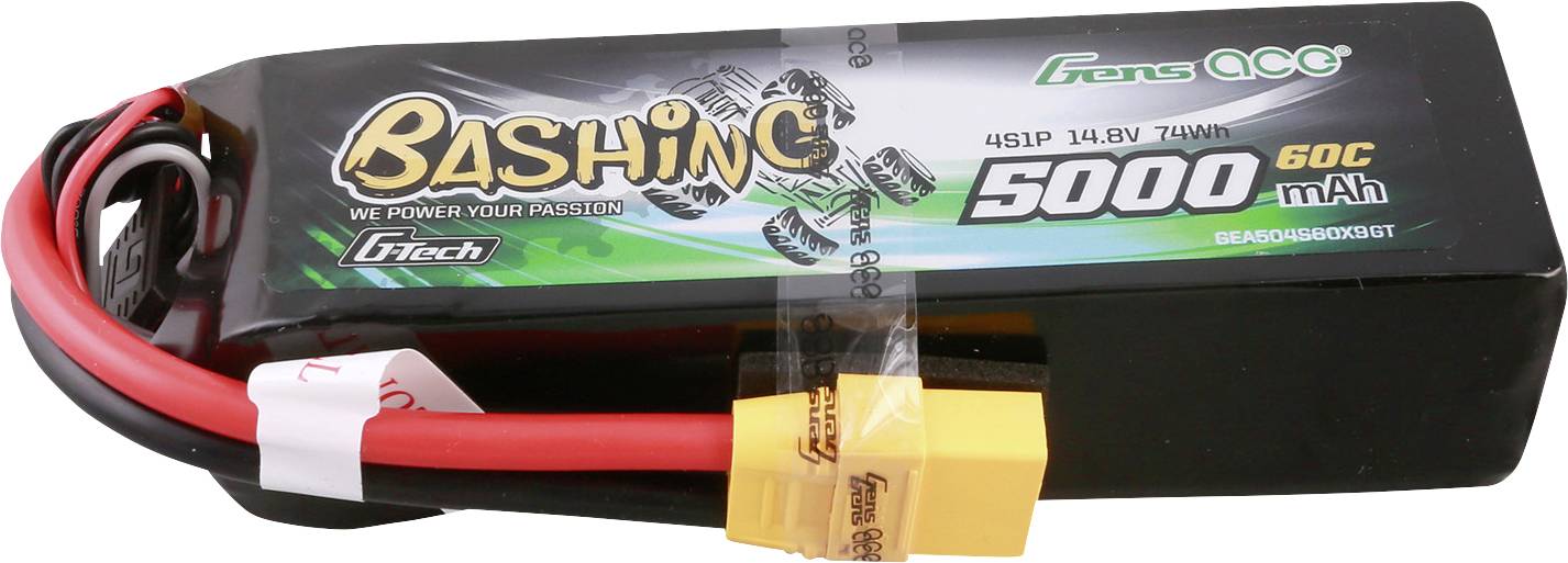 Akumulátor s nápisem 'Gens Ace Bashing 5000 mAh 60C 14.8V'. Červený a černý kabel se žlutými konektory.