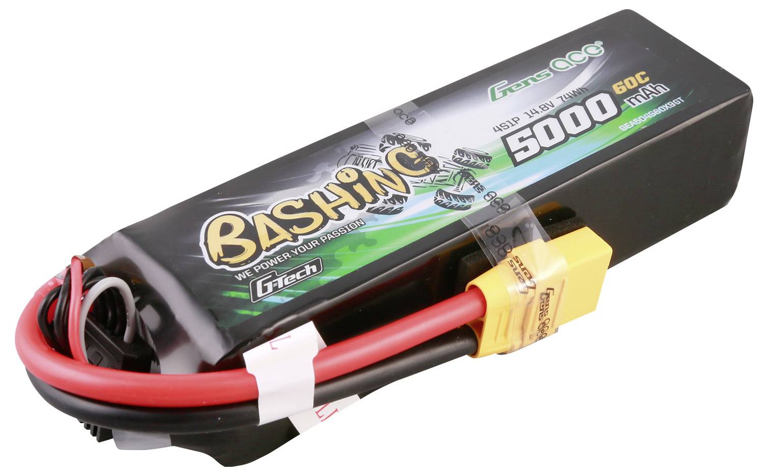 RC akumulátor s kapacitou 5000mAh a 60C, černý obal se žlutým konektorem a červeno/černými vodiči, vhodný pro modelářství.