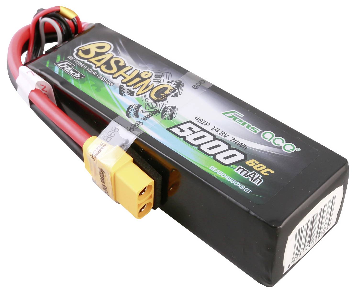 Akumulátor s nápisem 'Bashing', 5000 mAh, 14,8V. Červený a černý kabel s žlutou zástrčkou.