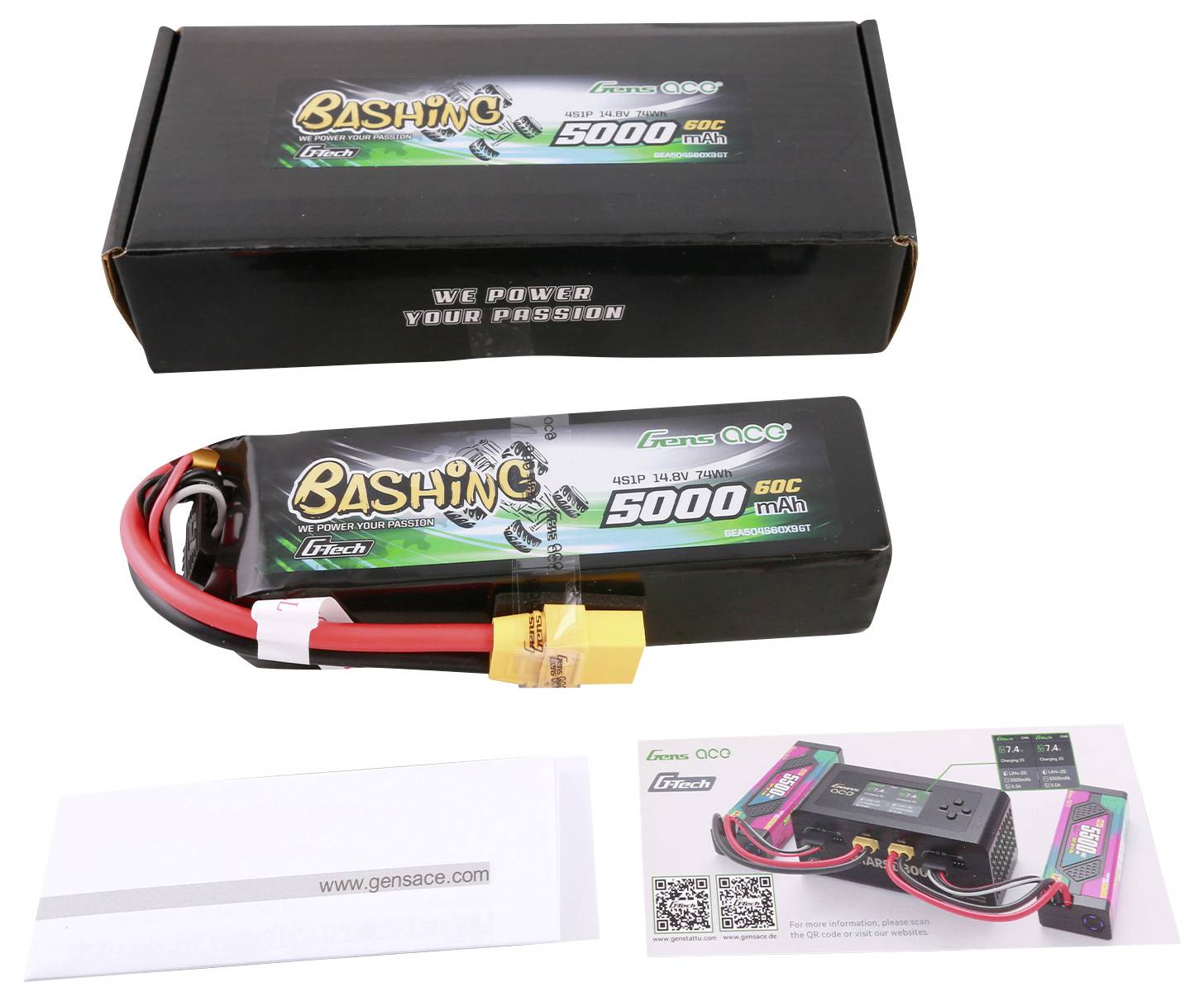 Lithium-polymerový akumulátor Gens Ace s kapacitou 5000 mAh a vybíjecí rychlostí 50C, včetně obalu, údajů výrobce a informačního listu.