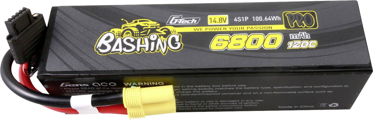 Obdélníková lithium-polymerová baterie 14,8 V, 6800 mAh, vhodná pro RC vozidla. Černé pouzdro se žlutými a bílými detaily.