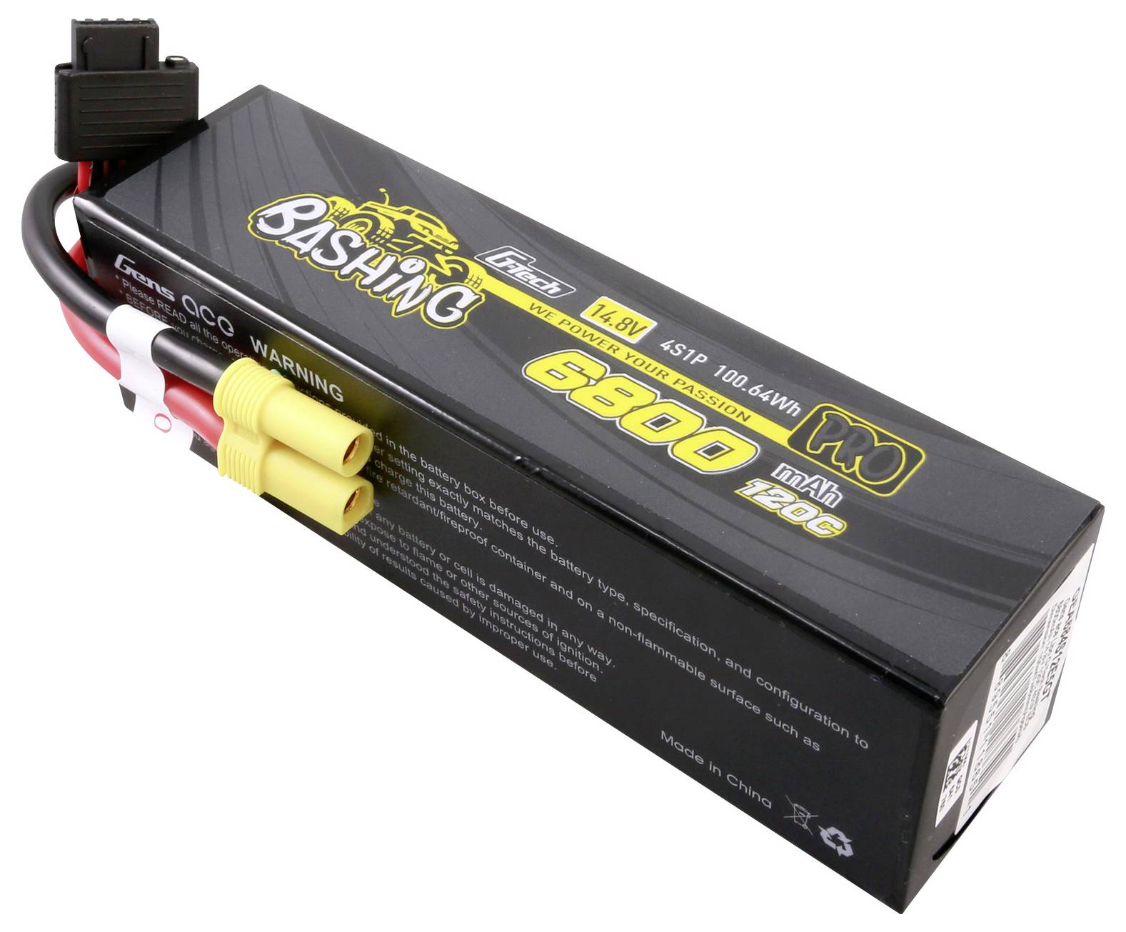 Lithium-polymerový akumulátor o kapacitě 6800mAh, napětí 14,8V, speciálně vhodný pro RC bashing. Černý se žlutými konektory.
