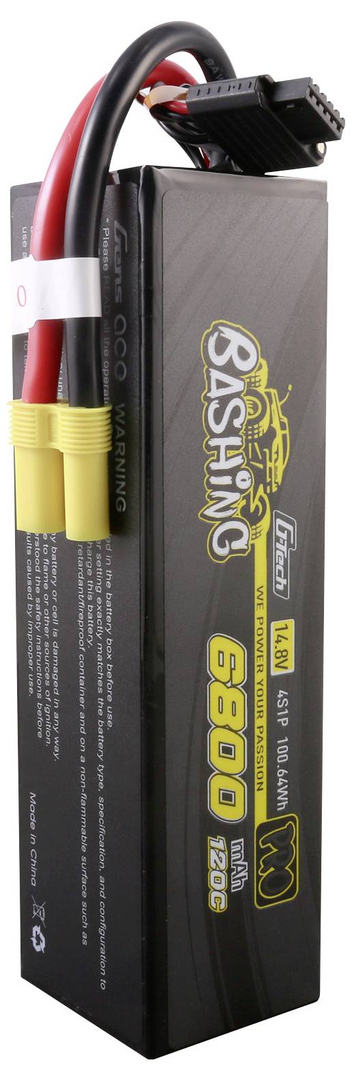 Lithium-polymerový akumulátor s 6800 mAh, 7,4 V, 2S a 120C, vhodný pro RC vozidla. Žluto-černý design, konektor XT90, včetně bezpečnostních upozornění.
