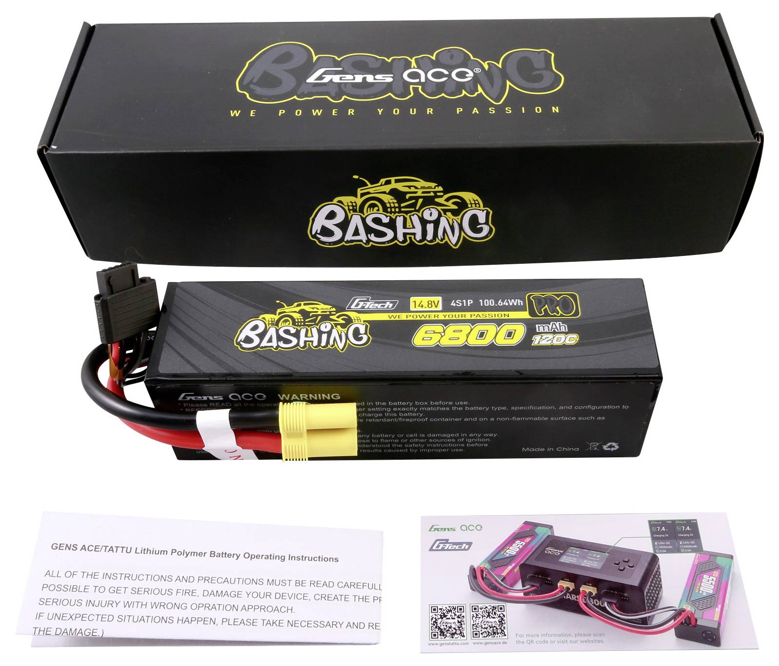 Balení baterie 'Gens Ace' s nápisem 'Bashing'. Obsahuje 6800 mAh 14,8 V LiPo baterii a návod k použití.