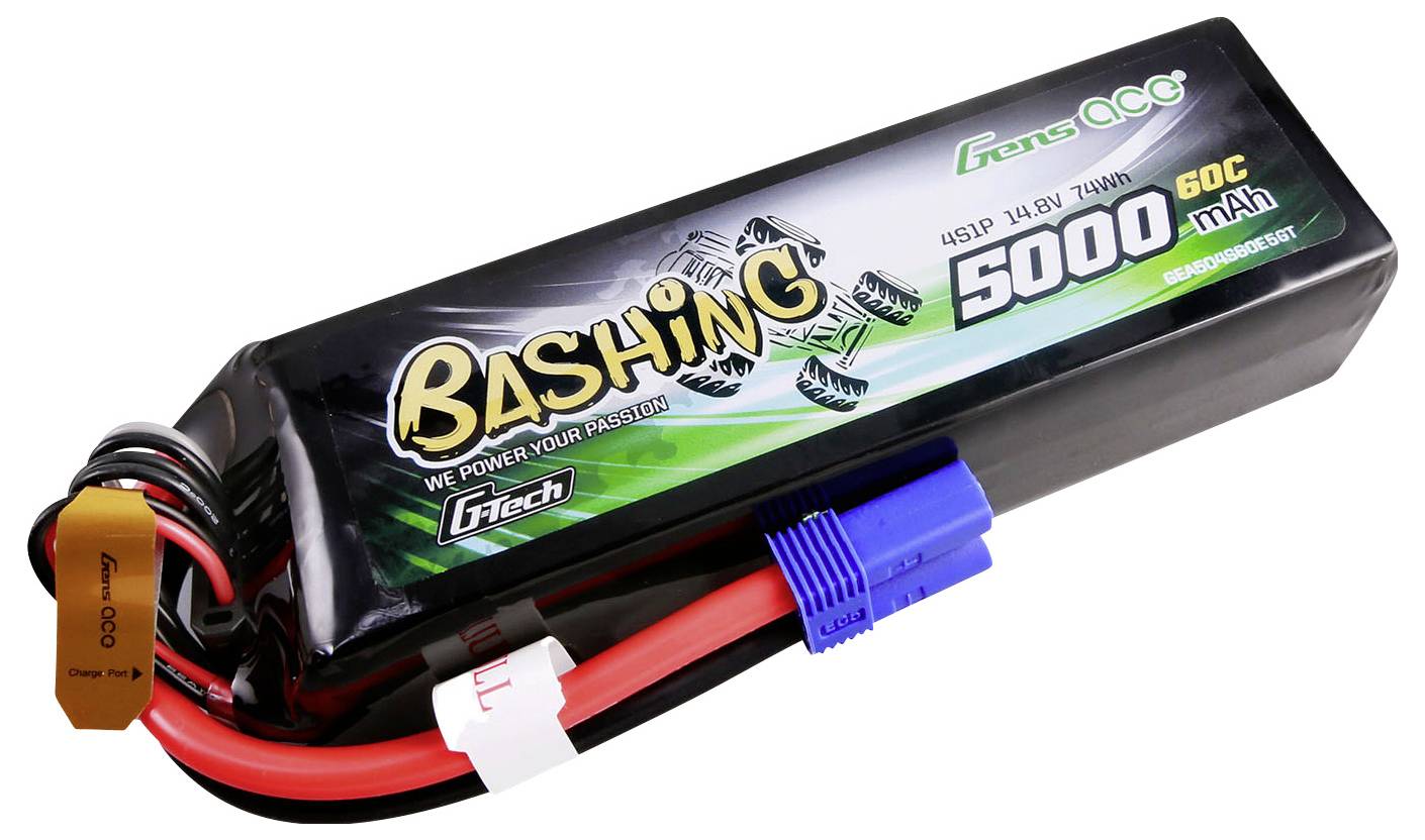 LiPo akumulátor 'Gens ACE Bashing' o kapacitě 5000 mAh, 14,8 V a vybíjecím proudu 60C. Používán pro RC modely, s oranžovými a modrými konektory.