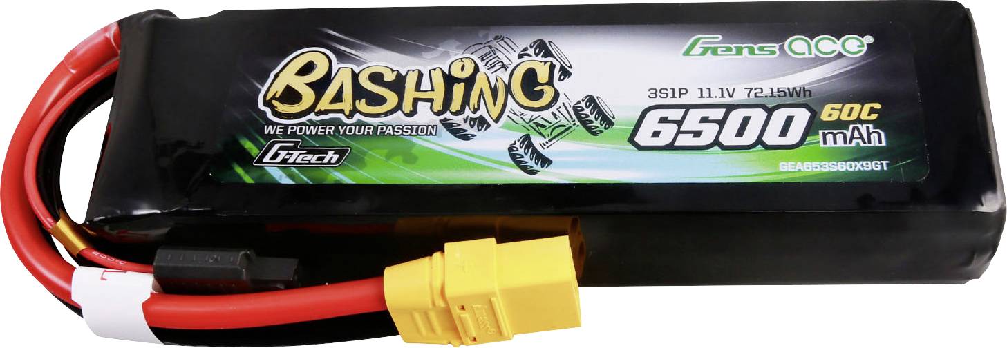 LiPo akumulátorový pack s nápisem 'Bashing 6500mAh 60C 11,1V', vhodný pro RC vozidla. Obsahuje červené a žluté připojovací kabely.