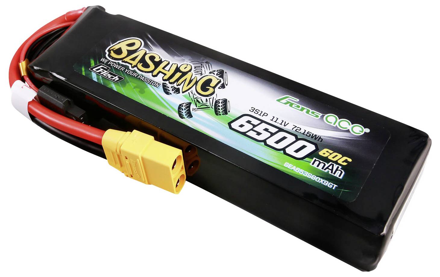 RC LiPo akumulátor značky Gens Ace s napětím 11,1 V, kapacitou 6500 mAh a vybíjecím proudem 60C, vhodný pro RC modely vozidel.