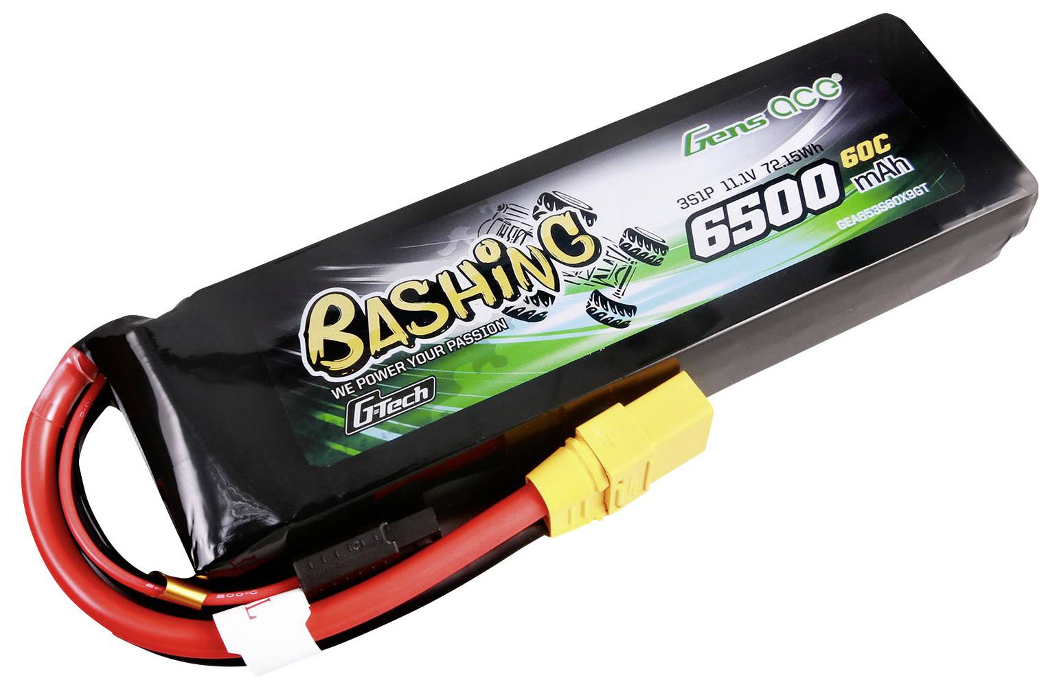 Bateriový pack pro RC modely, s nápisem 'Bashing 6500mAh 60C 11.1V', červený a černý kabel se žlutým konektorem.