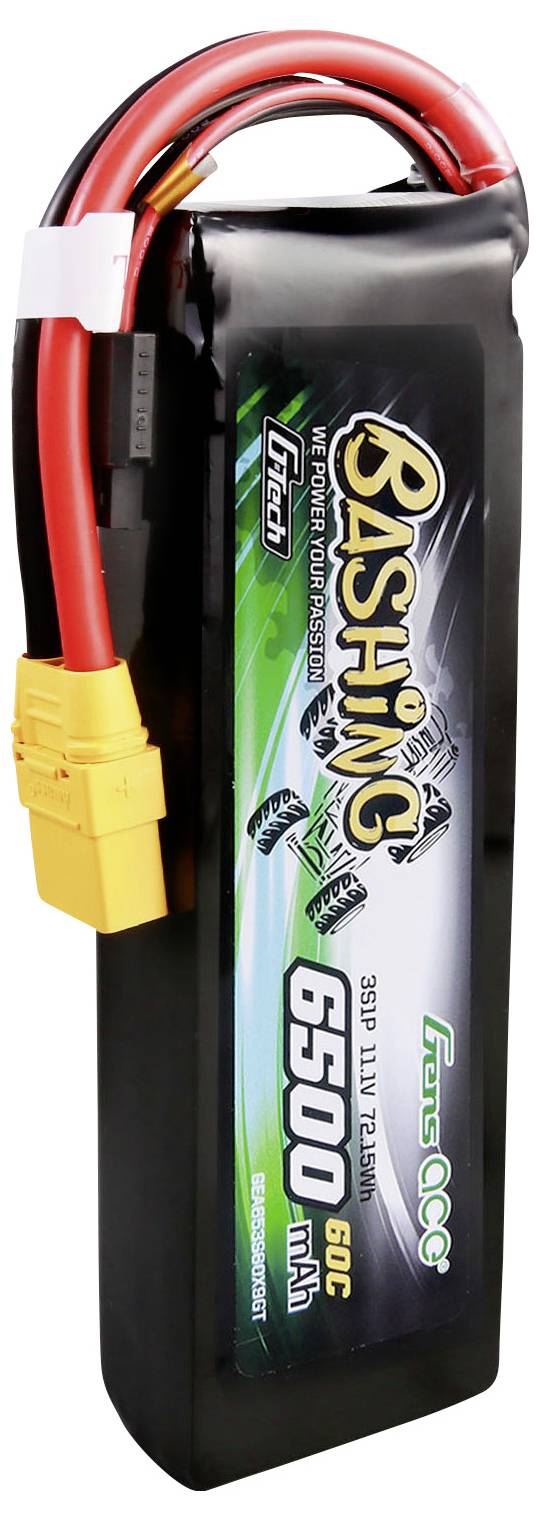 Černý lithium-polymerový akumulátor se žlutým konektorem a červenými vodiči. Potisk: 'Bashing' a '6500 mAh 60C' se zeleným designem.