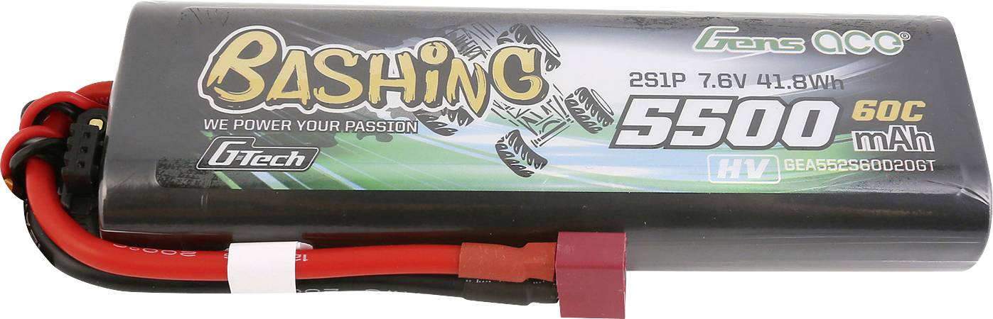 Černý lithium-polymerový akumulátor s nápisem 'Bashing' a kapacitou 5500 mAh. Vhodný pro RC modely aut.