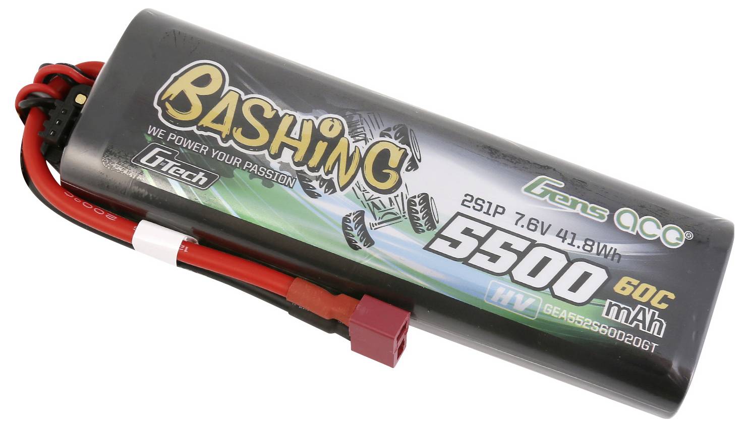 Lithium-polymerový akumulátor s nápisem 'Bashing 5500 mAh 7,6V 41,8Wh'. Má červené a černé připojovací kabely se speciální zástrčkou.
