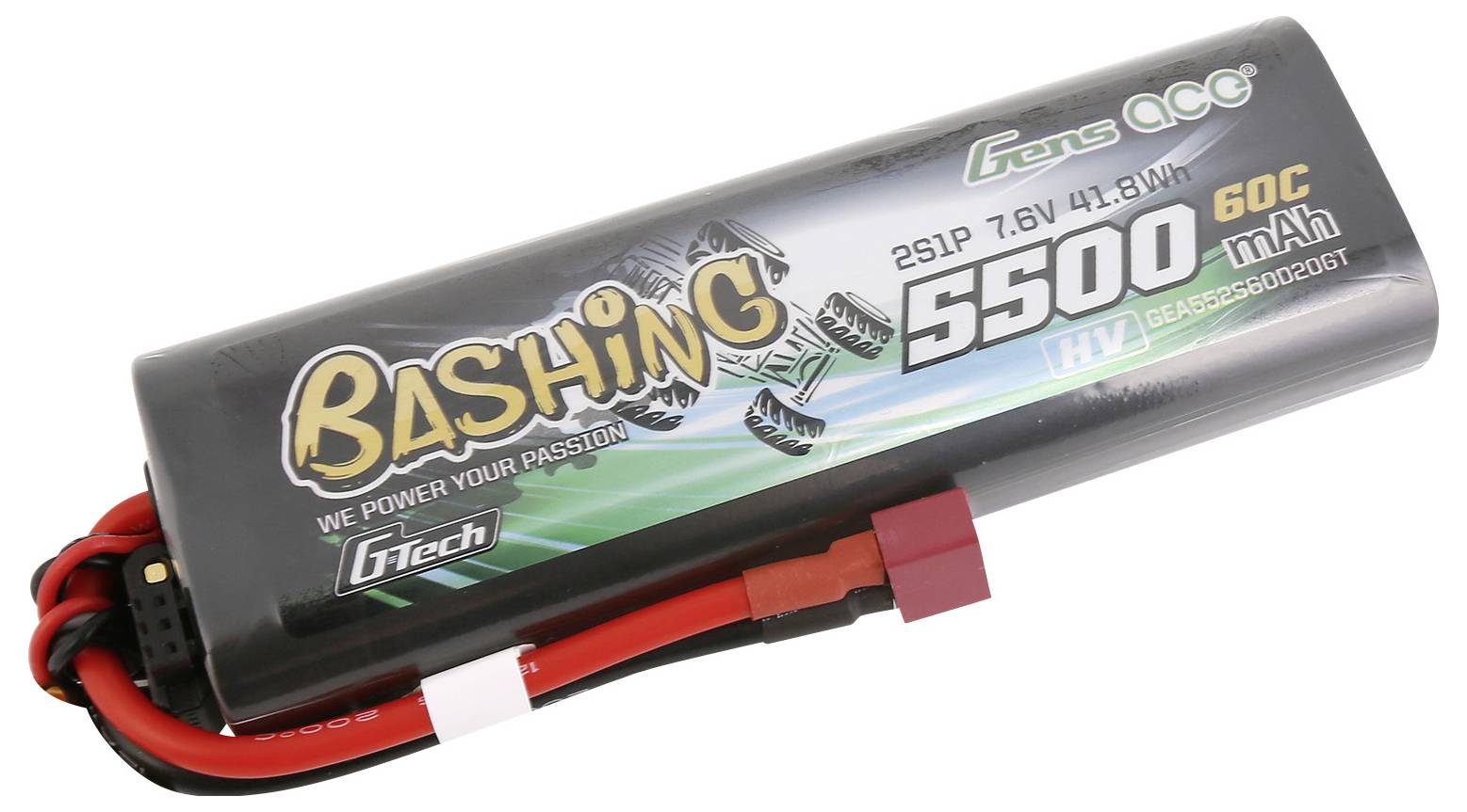 Akumulátorový pack v válcovém tvaru s nápisem 'Bashing 5500 mAh 60C'. Černý kryt s červenými a černými vodiči.