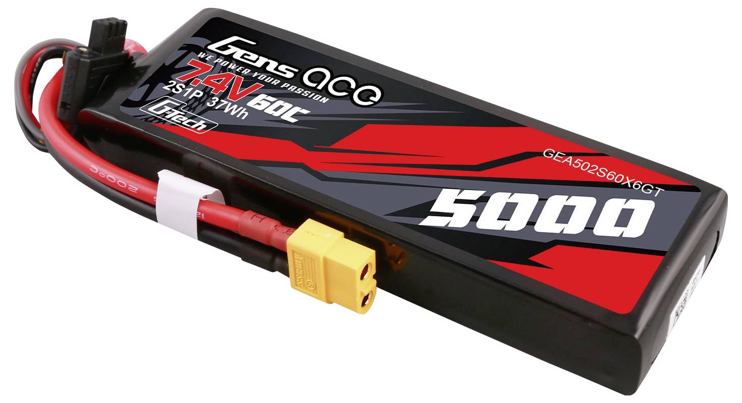 Obdélníkový LiPo akumulátor o kapacitě 5000mAh v černo-červeném provedení s konektorem XT60, využívaný pro RC modely a hračky.