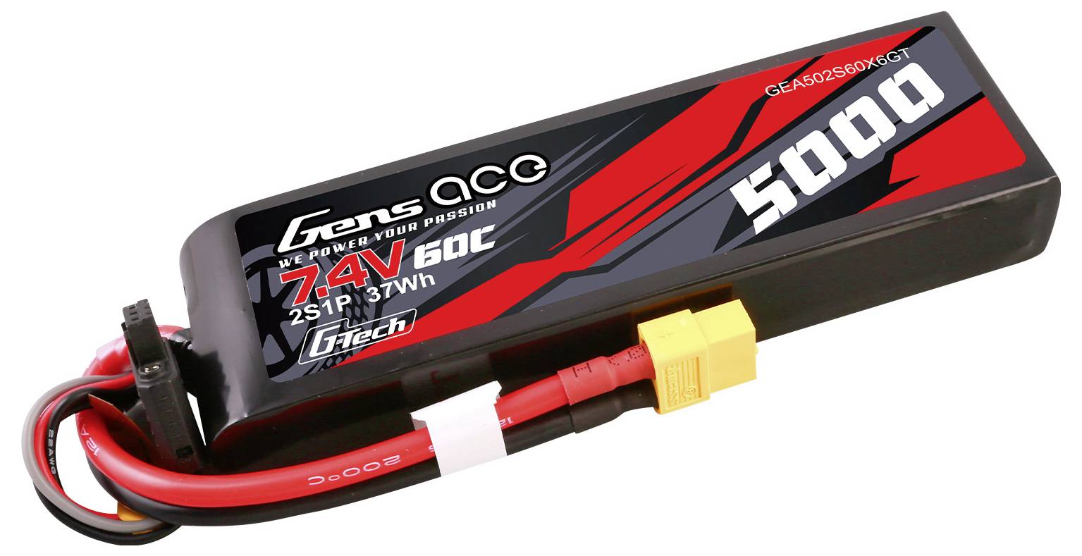 Akumulátor s nápisem 'Gens Ace, 7,4V 60C, 5000'. Černý kryt s červenými a šedými detaily a žlutým konektorem.