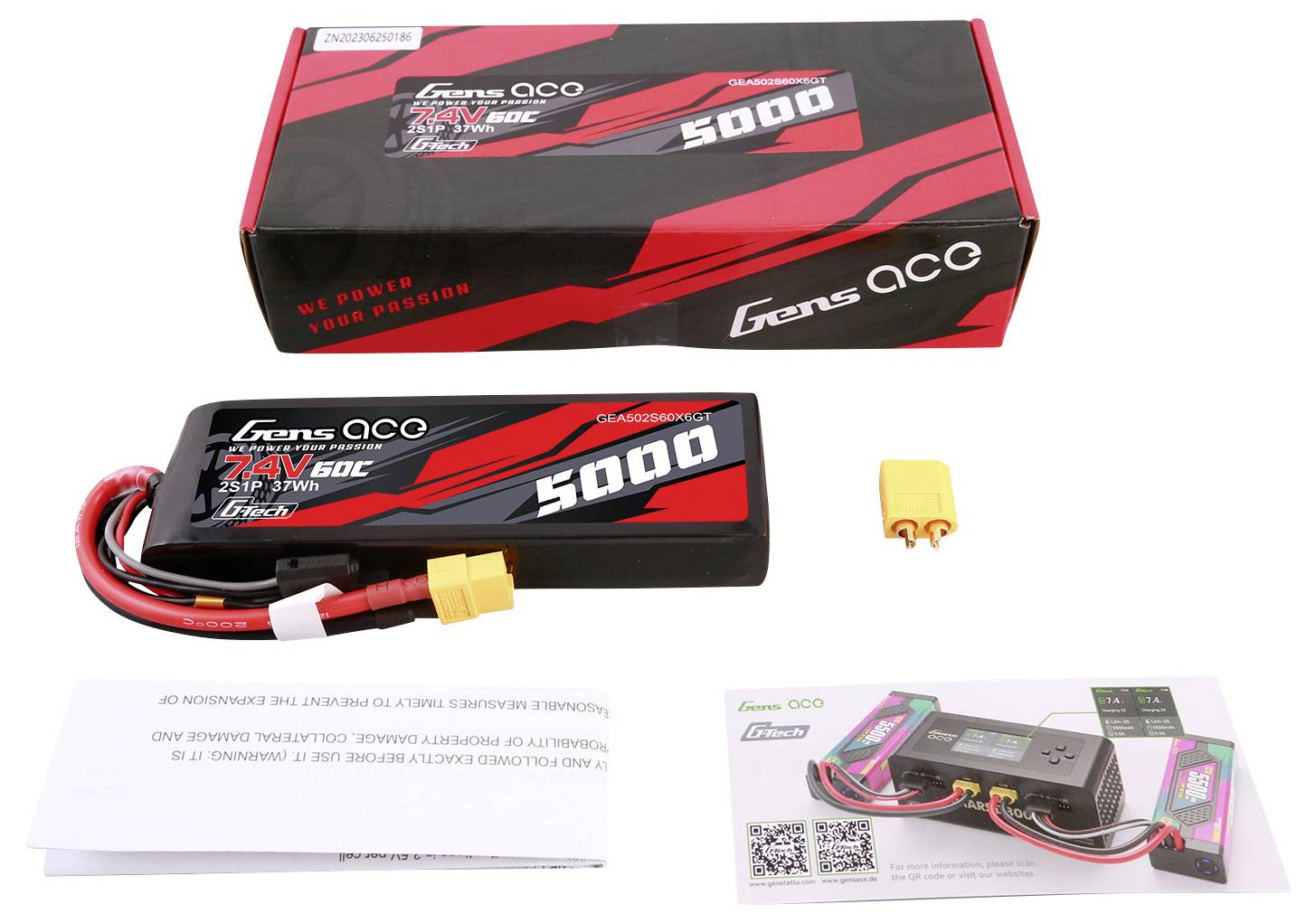 LiPo akumulátor Gens Ace 5000mAh 50C, s konektorem XT60, vyobrazený s obalem a návodem. Ideální pro modelářství a dálkově ovládaná vozidla.