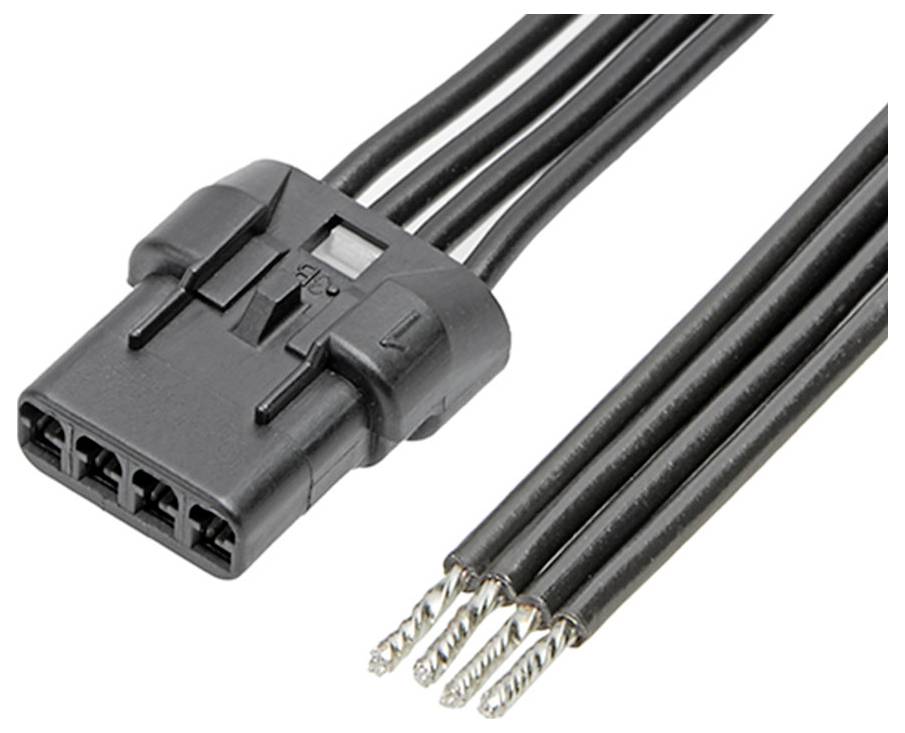 Černený čtyřpólový konektor s nezakrytými vodiči. Slouží k elektrickému propojení v technických aplikacích.