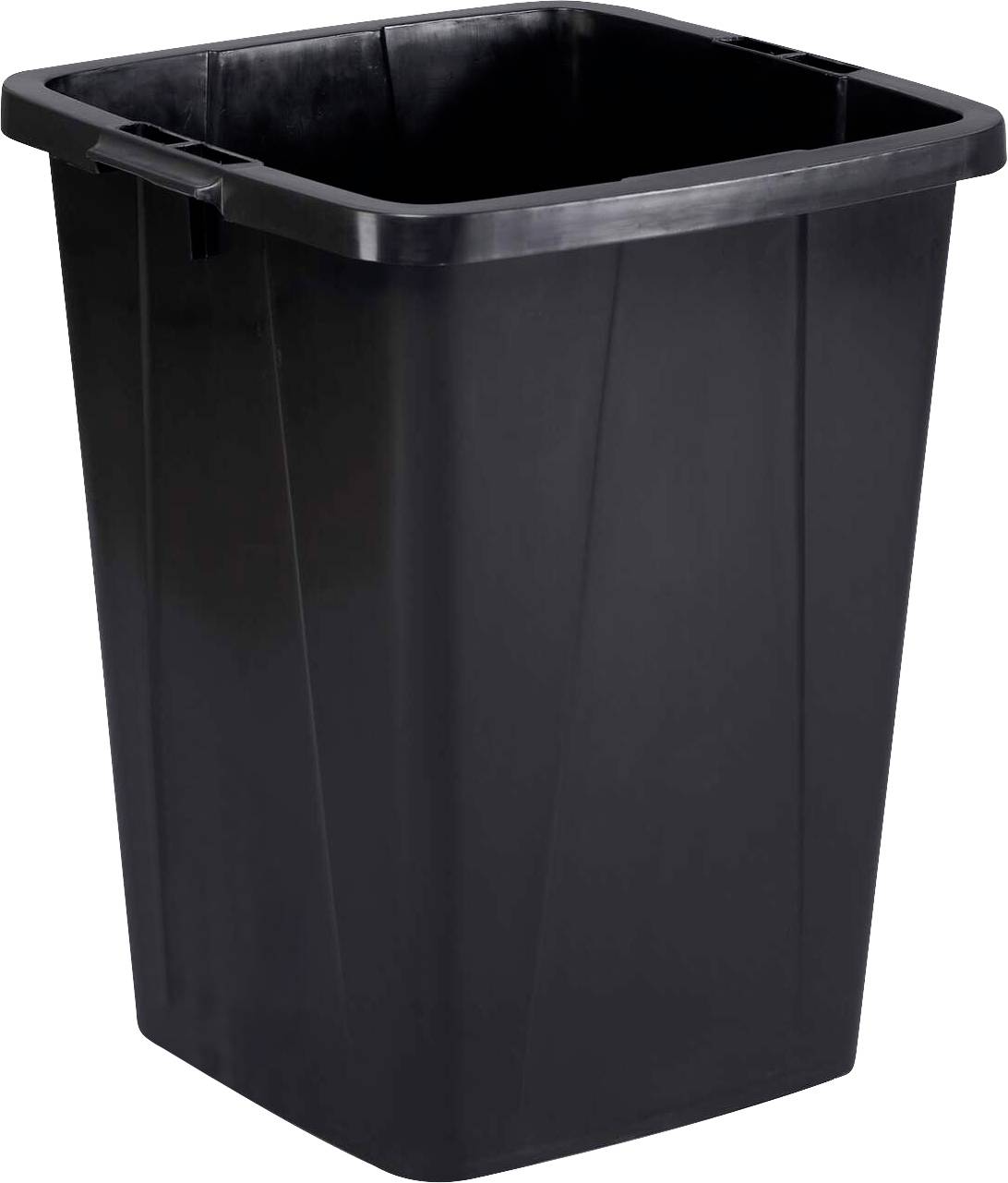 Černý plastový odpadkový koš obdélníkového tvaru, vhodný pro vnitřní použití.