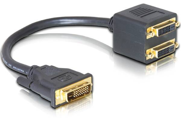 Delock 65051 DVI adaptér [1x DVI zástrčka 24+1pólová - 2x DVI zásuvka 24+1pólová] černá pozlacené kontakty 0.20 m