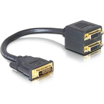 Černozlatý adaptérový kabel DVI-I Dual Link s jedním konektorem a dvěma zásuvkami, určený pro připojení dvou monitorů.