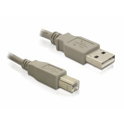 Šedý USB kabel se dvěma různými typy konektorů, standardním USB konektorem a čtvercovým konektorem, pravděpodobně určený pro tiskárnu.