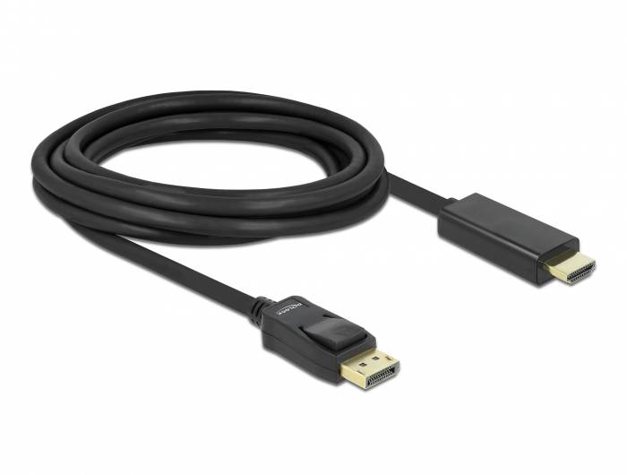 Černý DisplayPort-HDMI kabel používaný pro připojení počítačů k monitorům nebo televizorům.