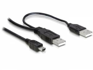 Černé USB kabely: jeden s USB-A až Mini-USB konektorem, druhý s dvěma USB-A konektory pro přenos dat nebo napájení.