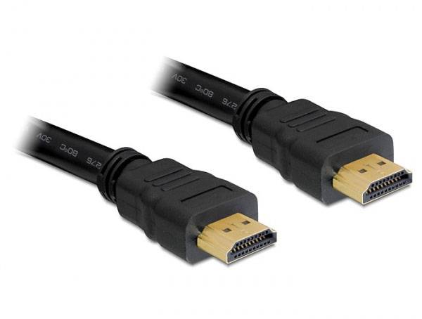 Černý HDMI kabel se dvěma konektory, vhodný pro připojení audio a video zařízení, jako jsou televize a počítače.