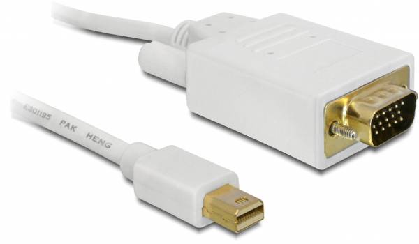 Bílý adaptér z Mini DisplayPort na VGA se zlatými kontakty, vhodný pro připojení počítače k monitoru.