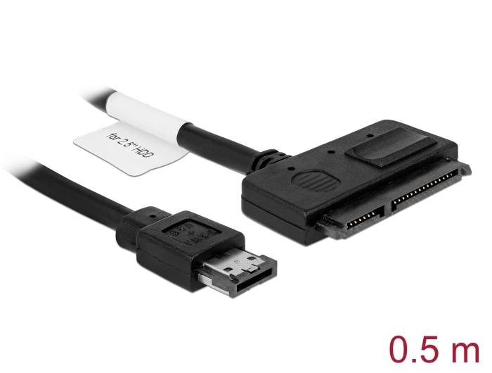 Černý kabel s dvěma různými konektory o délce 0,5 m, vhodný pro SATA připojení.